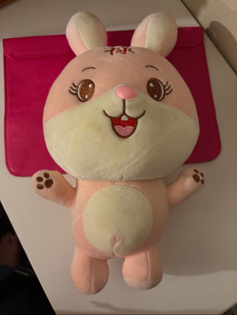 Pink & Cream Cute Bunny Plush Toy - Adorable Smiling Face. Stuffed animal
